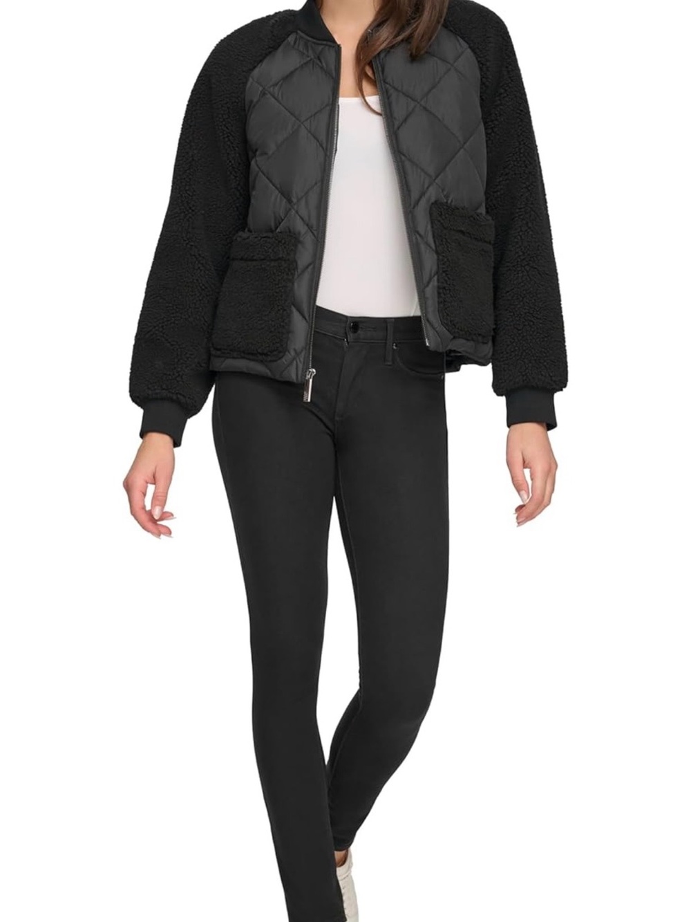 Women’s Mix Material Black Quilted Sherpa Puffer Jacket - Andrew Marc